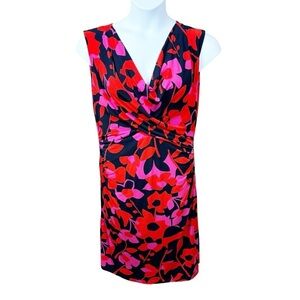 Vince Camuto Red & Pink Sleeveless Cowl Neck Midi Ruched Waist Dress